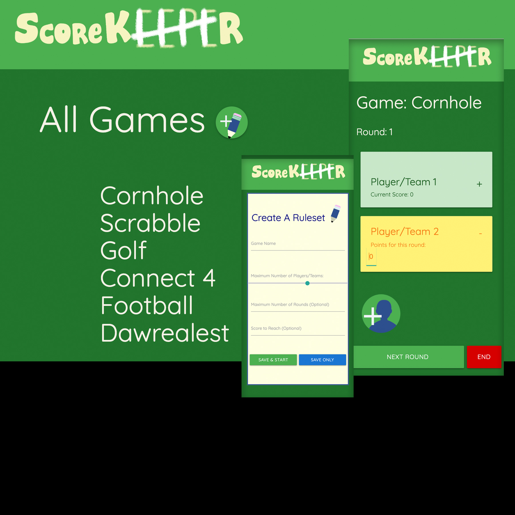 examples of various screens in the ScoreKEEPER app